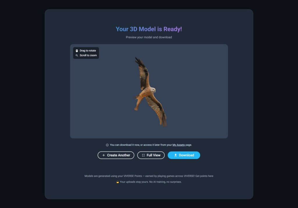 The resulting model generated from the image looks like a digital twin replica of the the hawk used in the Object AI input.