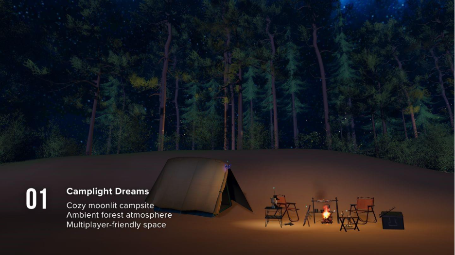 Camplight Dreams has a cozy moonlit campsite vibe, complete with seating facing the ocean at night, a large pine forest, and little areas where you can learn about what you're exploring.