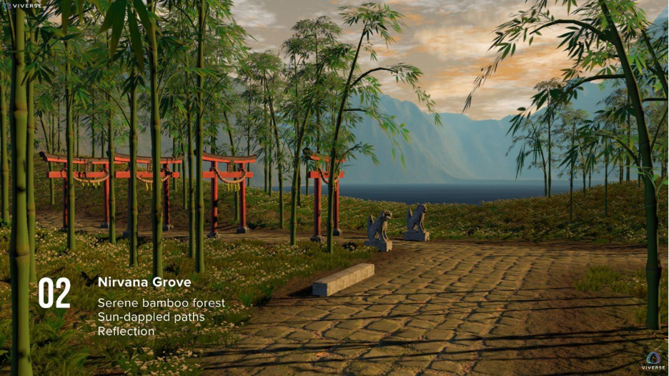 Nirvana Grove is a creator-made world on VIVERSE that provides a serene walking path in a bamboo forest. Sun-dappled paths lead to quiet spaces for reflection.