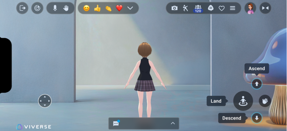 Screenshot of the updated touch screen tutorial interface inside a VIVERSE world, displaying movement and action controls, like Land and Descend.