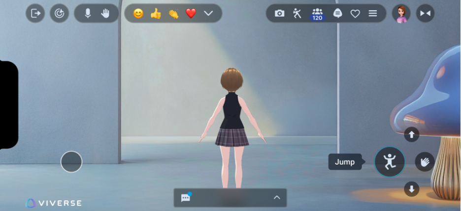 Screenshot of the updated touch screen tutorial interface inside a VIVERSE world, displaying movement and action controls, like Jump.