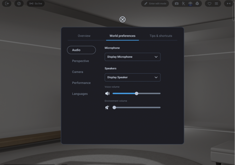 Screenshot of the in world settings menu in VIVERSE showing microphone, speaker, and volume controls.
