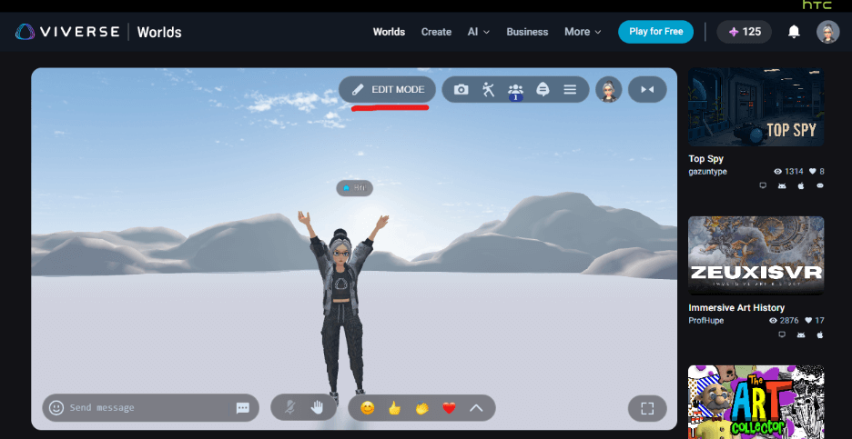 Edit Mode is visible via a red underline in a VIVERSE World this creator started from a template.