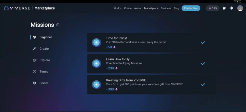 You can earn VIVERSE Mission Points through quests across the platform. Spend those points in the Marketplace or to generate 3D objects.