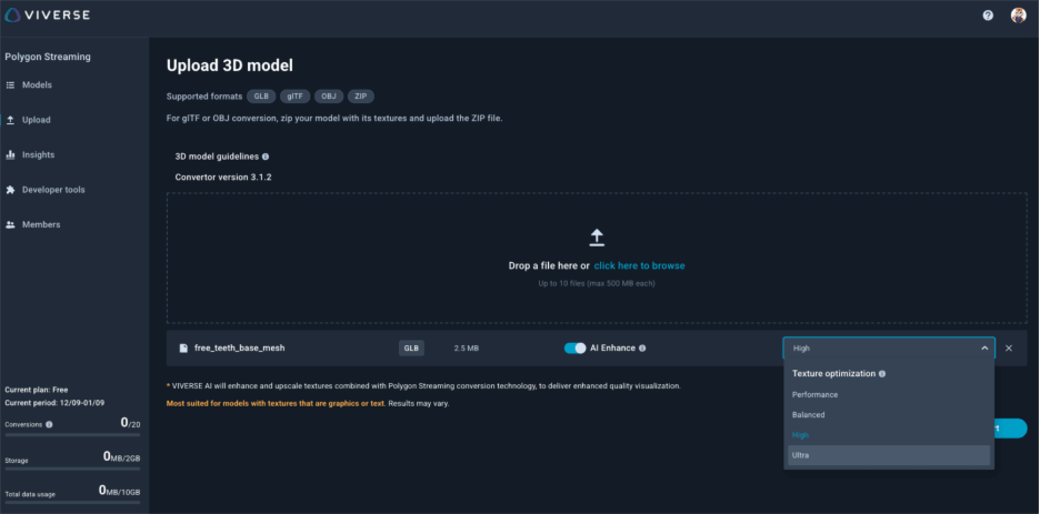 Polygon Streaming console interface showing conversion settings and texture quality options with tooltip guidance. 