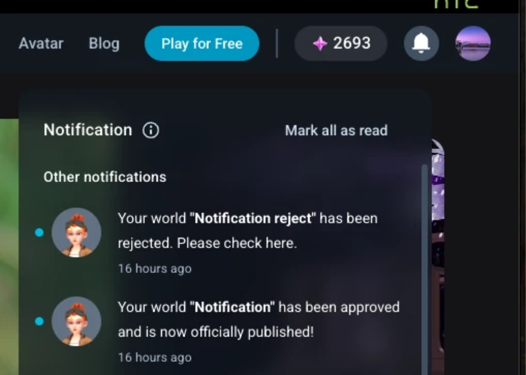 Notices for project status changes are now available in the notification area.