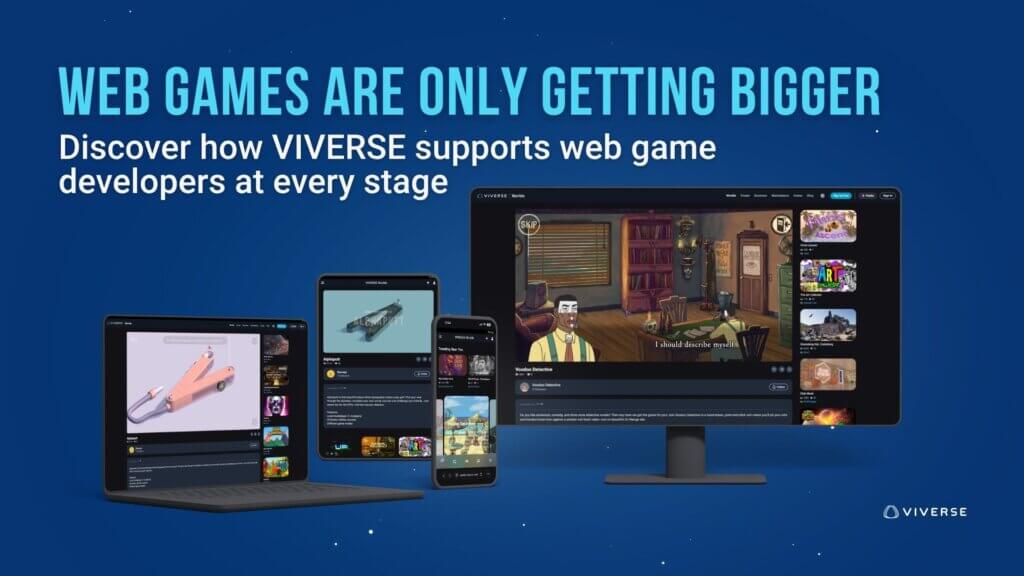 VIVERSE platform displayed across desktop, laptop, tablet, and mobile devices showing web games and creator content.