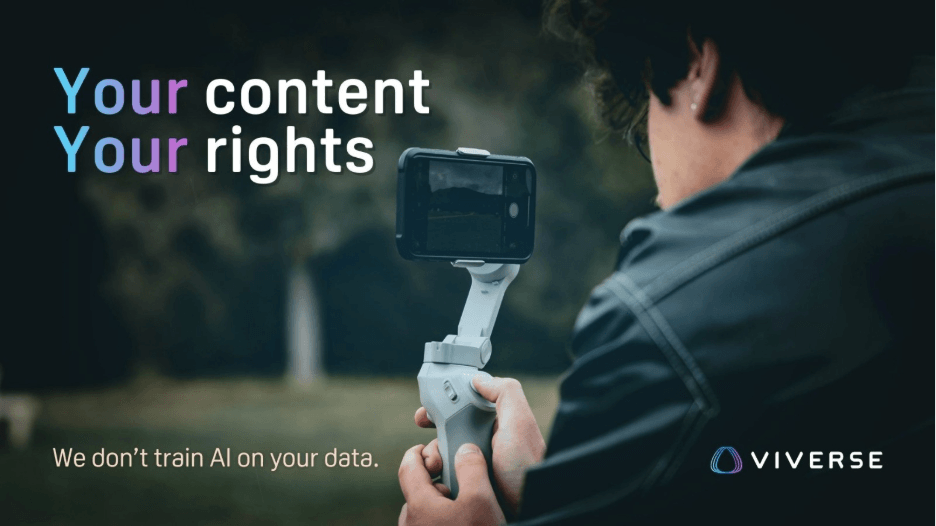 A person holds a smartphone on a gimbal stabilizer, poised to capture footage outdoors. Text reads: Your content. Your rights. We don't train AI on your data.
