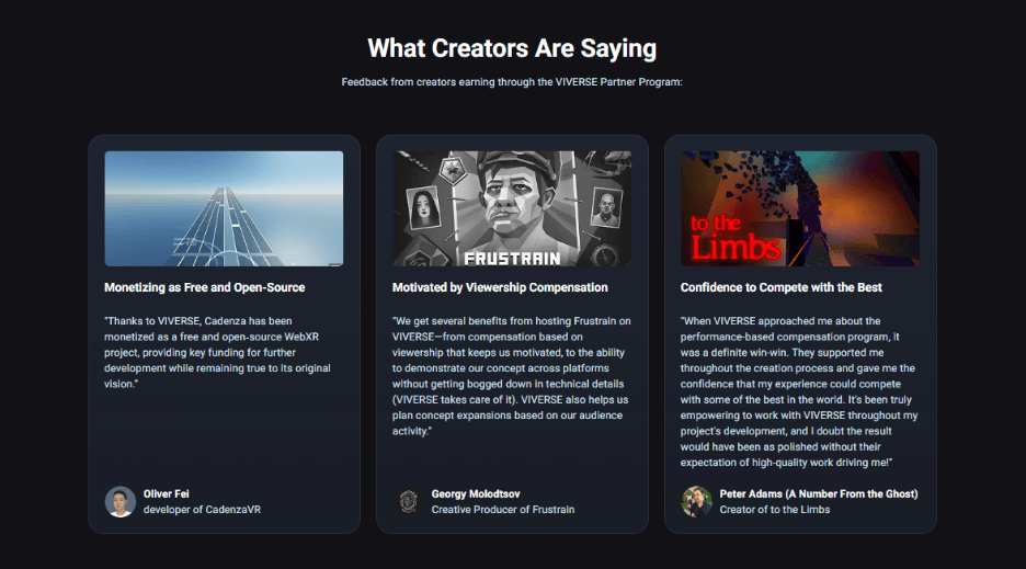 VIVERSE Partner Program creator testimonials highlighting monetization, viewership compensation, and development support