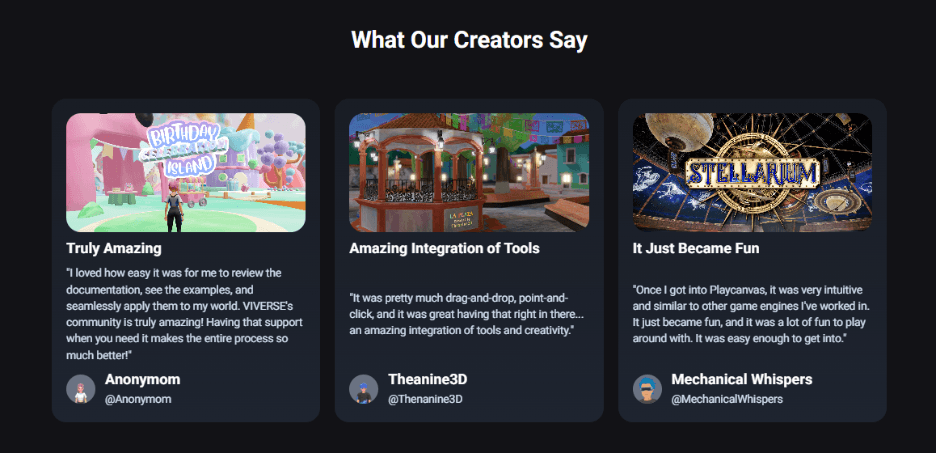 VIVERSE creator testimonials praising community support, tool integration, and ease of use.
