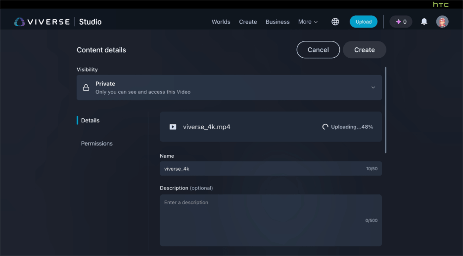 VIVERSE Studio video upload interface with drag-and-drop area and content detail fields.