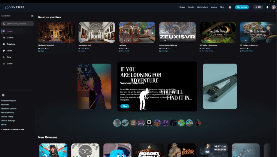VIVERSE.com homepage displaying the worlds browsing interface