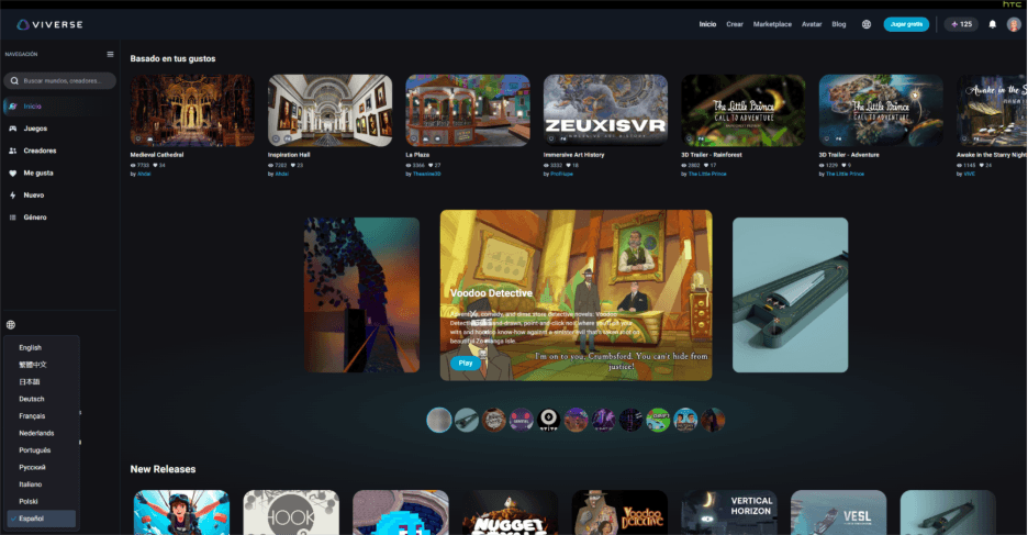 VIVERSE landing page rendered in a non-English language with language selector UI.