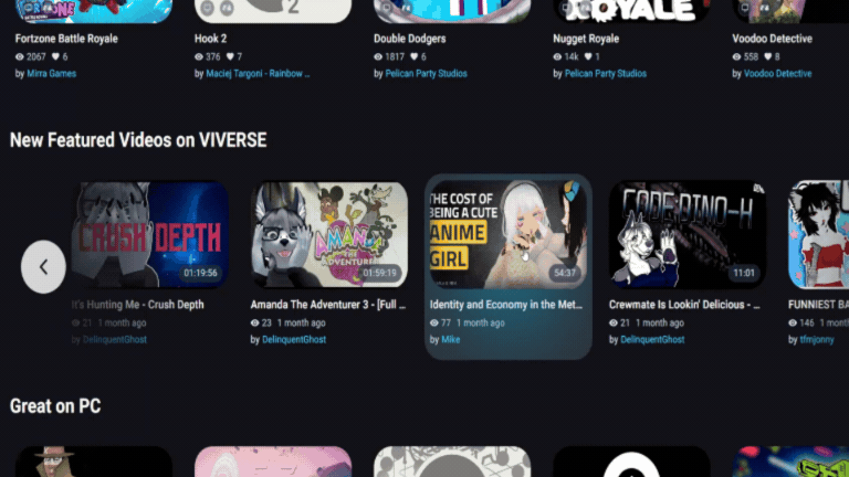 VIVERSE thumbnail card with video trailer preview playing on mouse hover.
