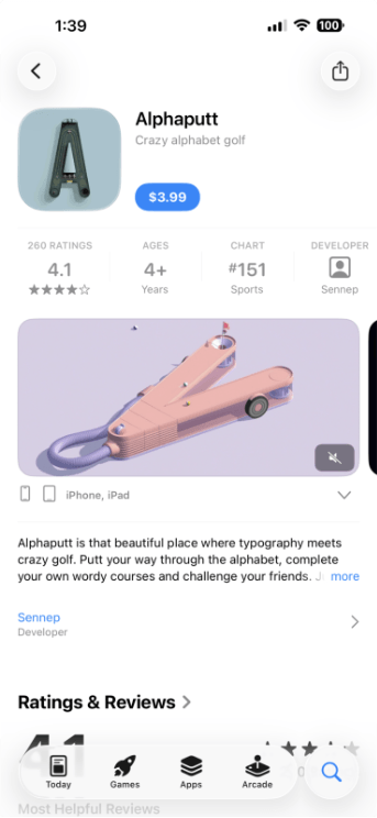 Alphaputt on the iOS App Store, showing the game listing and premium pricing