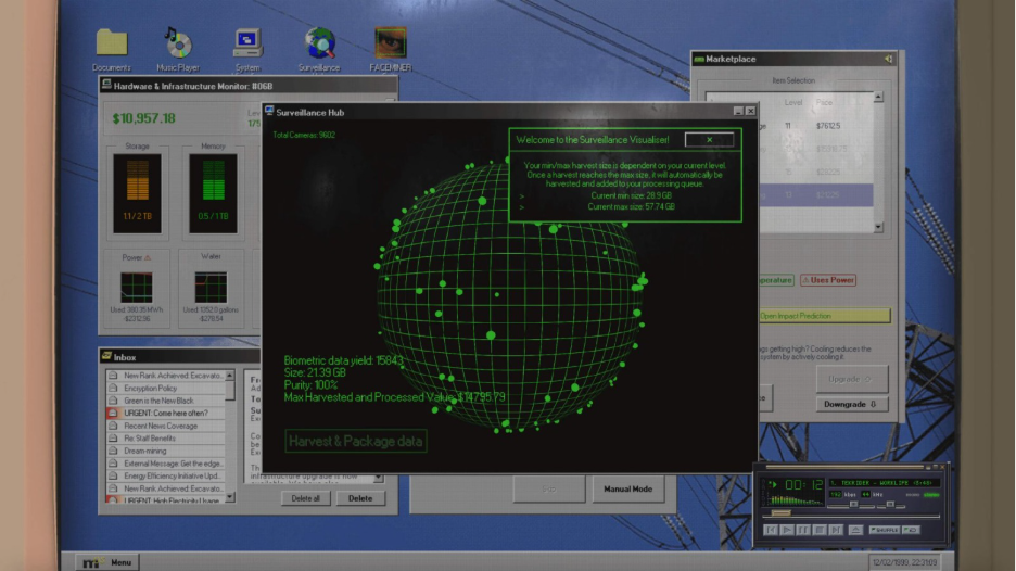 FACEMINER premium indie web game — 1999-era surveillance empire management interface.