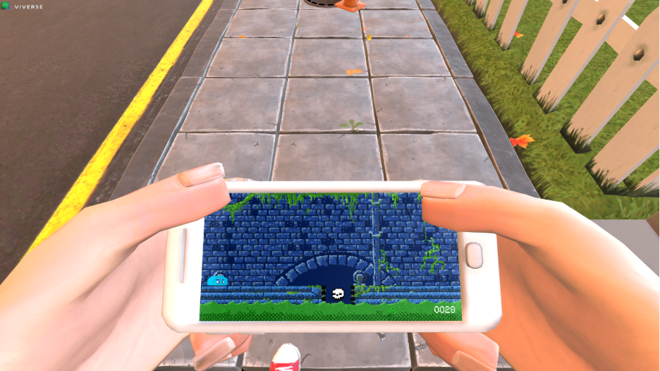 Double Dodgers browser arcade game — hands holding phone while navigating a street simultaneously.