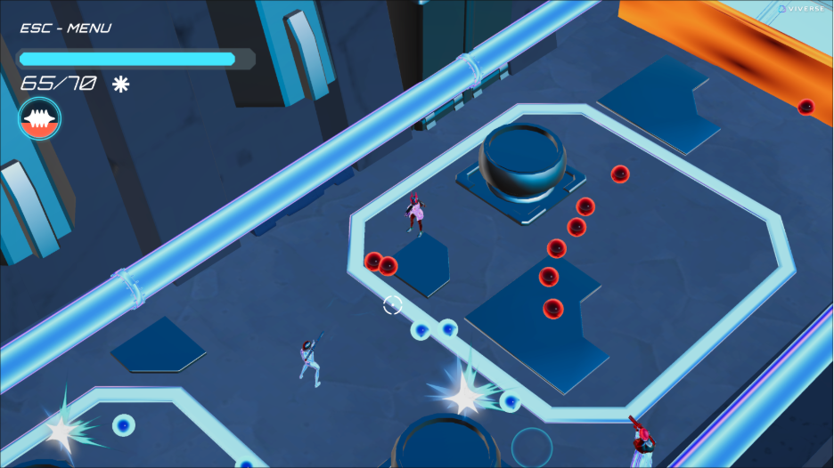 Chrome Shift Genesis bullet hell shooter online — top-down cyber-fantasy battlefield with bullet patterns.