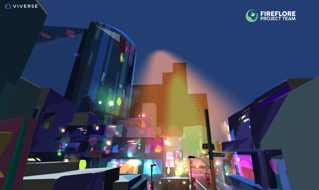 Firefly Memories VR world: an abstract city crossroads filled with bright lights and angular geometry at night