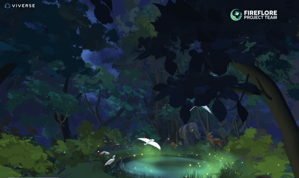 Firefly Memories VR world: a glowing forest pond surrounded by trees, with birds and deer returning to the water