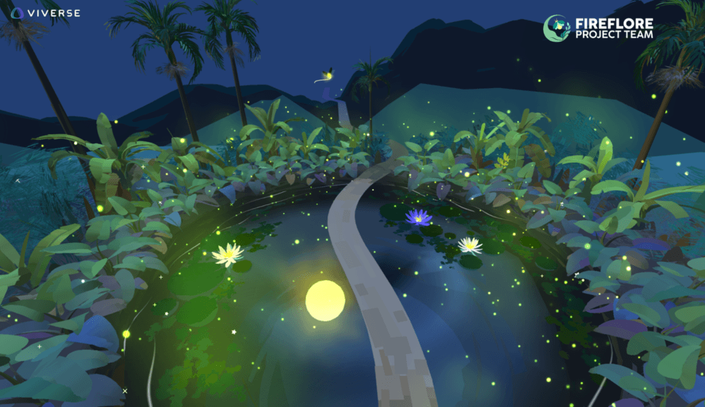 Firefly Memories VR world: a glowing path winds through a lotus pond at dusk, with fireflies rising into the night sky