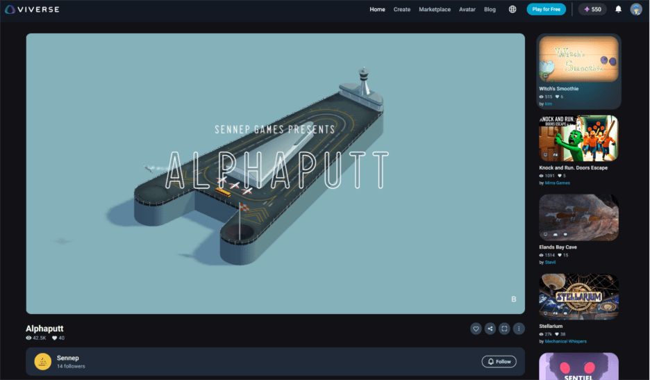 Alphaputt typographic mini-golf displayed in full landscape on a desktop browser.