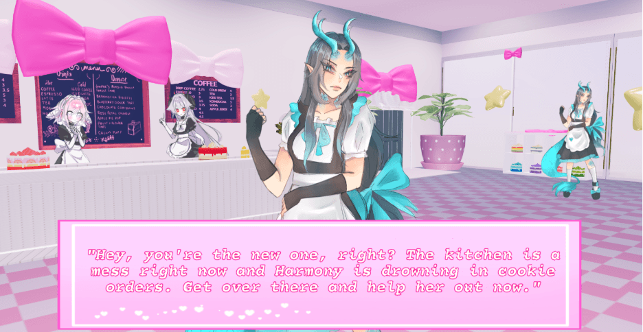 Screenshot from the Starry Ribbon Maid Cafe game where you work your first day and fill cookie orders.