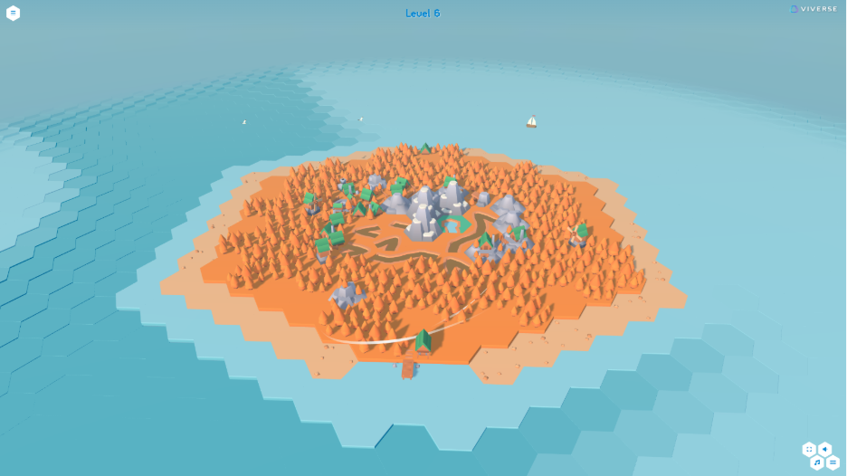 Indie web game Drysland — rotating river pipe puzzle segments on a colorful island landscape.