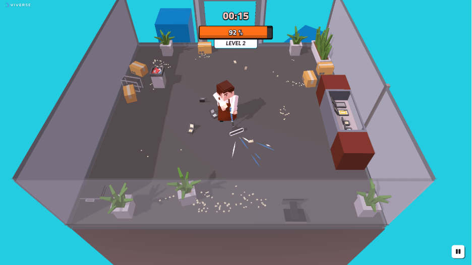 Chore Master browser simulation game — character vacuuming a messy colorful room against the clock.