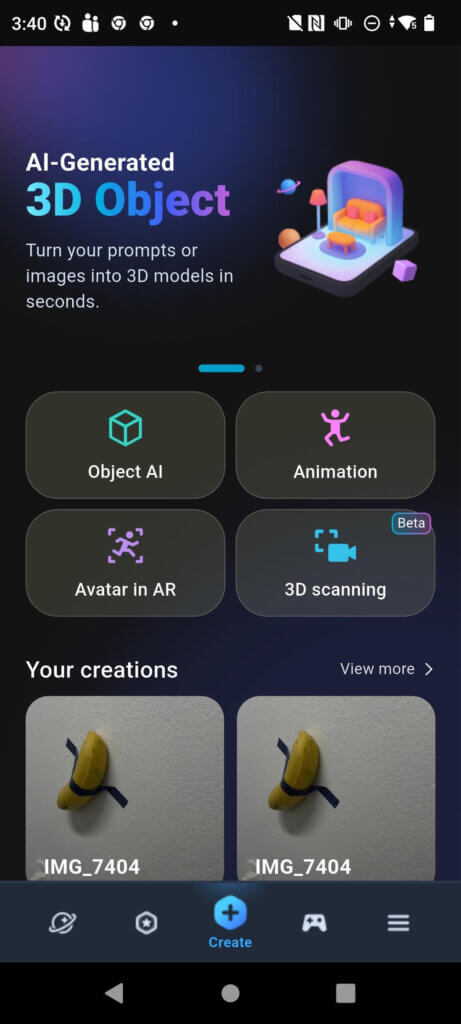 The refreshed Create page puts Object AI and your recent 3D generations front and center.