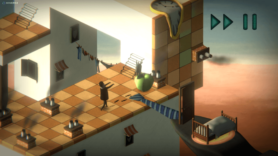 Back to Bed puzzle platformer on VIVERSE with surreal isometric dreamscape and sleepwalking character