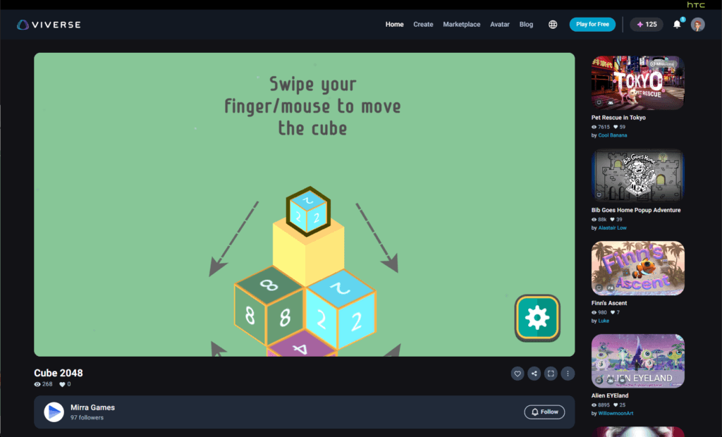 Cube 2048 running in the VIVERSE browser interface, showing numbered cubes stacked in 3D on a green background.