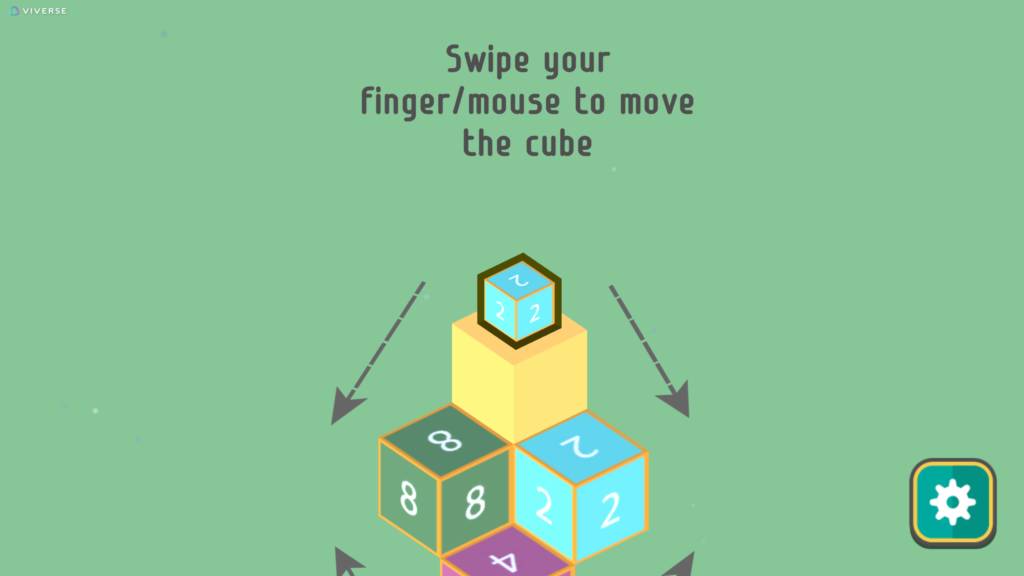 Cube 2048 tutorial screen showing numbered 3D cubes with directional arrows and swipe instructions on a green background.