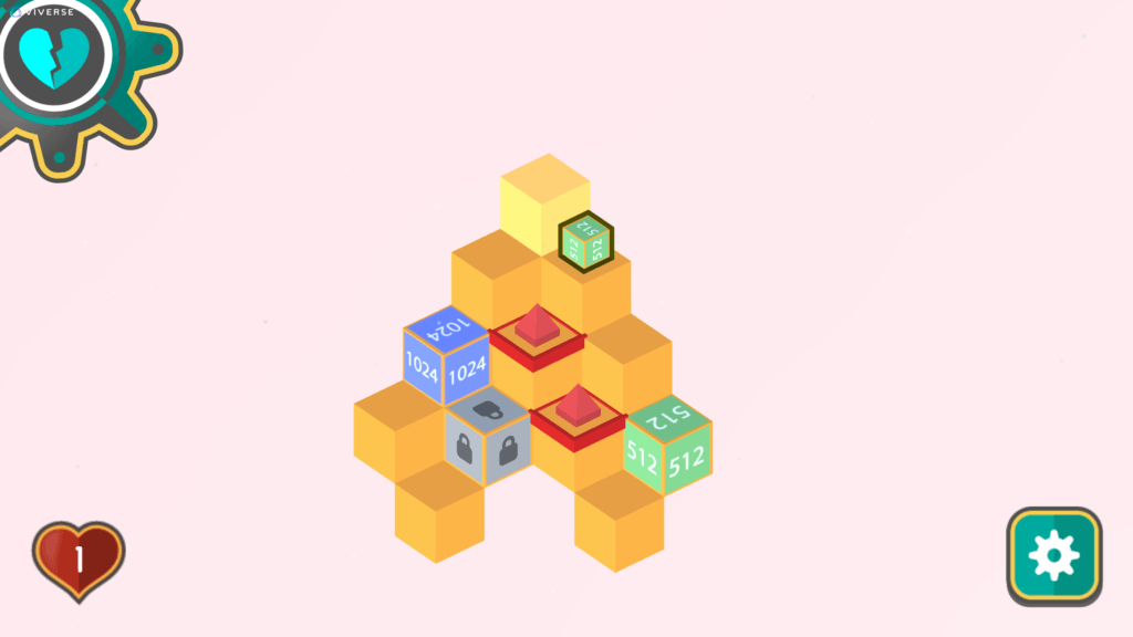 Advanced Cube 2048 gameplay showing 1024 and 512 cubes stacked on a pink background with a 512 cube ready to launch
