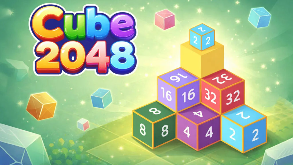 Cube 2048 logo with colorful numbered 3D cubes stacked on a green background, showing values 2 through 32