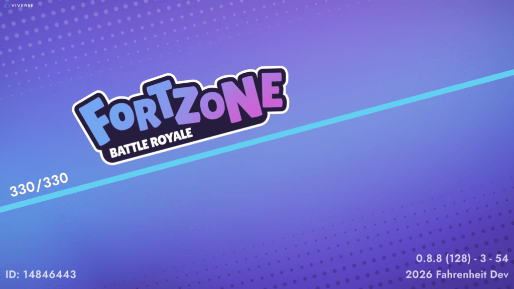 The Fortzone Battle Royale loading screen on VIVERSE, showing the game's logo in bold blue and pink lettering against a purple gradient background with a teal diagonal accent stripe.