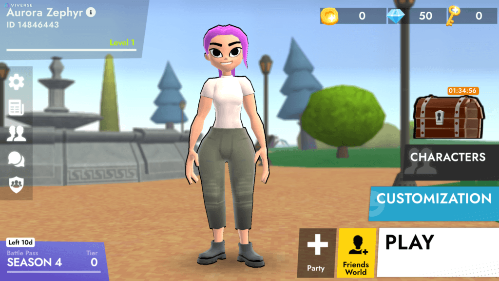 The FortZone Battle Royale hub screen on VIVERSE, showing a customizable 3D avatar with purple hair, a white top, and olive pants standing in a town square. The UI displays the player's username, level, currency, Season 4 Battle Pass status, and options to play, party up, or visit Friends World.