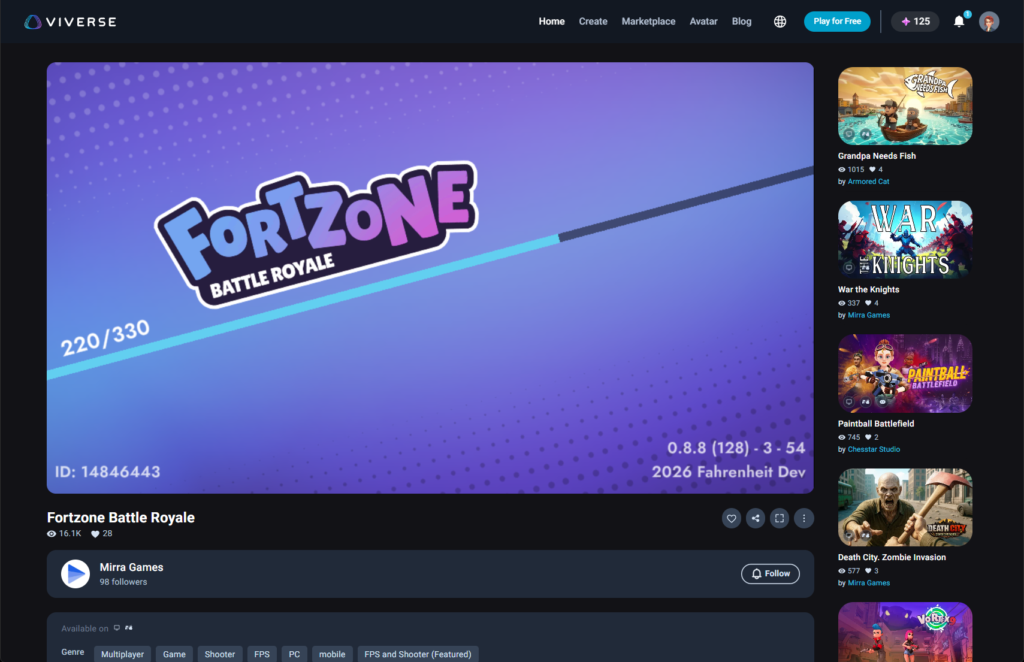 The VIVERSE platform page for Fortzone Battle Royale, showing the game's purple gradient lobby screen with its logo, a player count of 220 out of 330, and 16.1K views. The sidebar displays other available games including Grandpa Needs Fish, War the Knights, Paintball Battlefield, and Death City: Zombie Invasion.