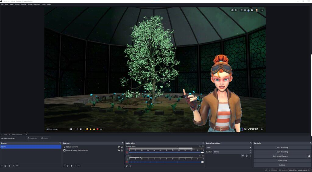 OBS Studio displaying a live VIVERSE scene called Magical Apothecary as a VTuber background, showing a glowing 3D greenhouse environment with a luminous tree and blue-lit plants. A 3D VTuber avatar with red hair, goggles, and a brown jacket is composited into the foreground using Spout2 Capture.