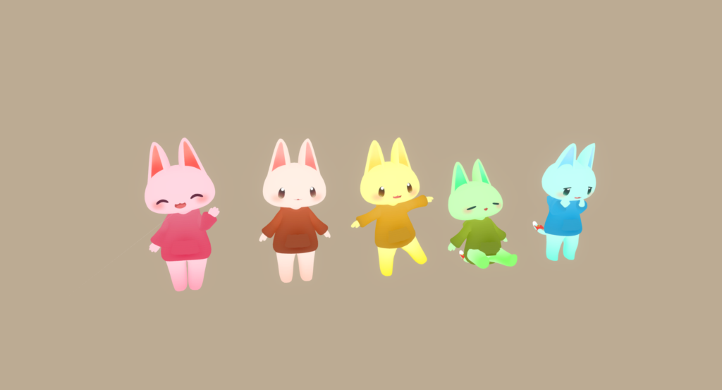 ive pastel-colored rabbit VRM characters in a row against a tan background, each in a different color: pink, cream, yellow, green, and blue. The chibi-style bunny models wear matching oversized sweaters and strike varied poses, from waving to sitting to mid-step.