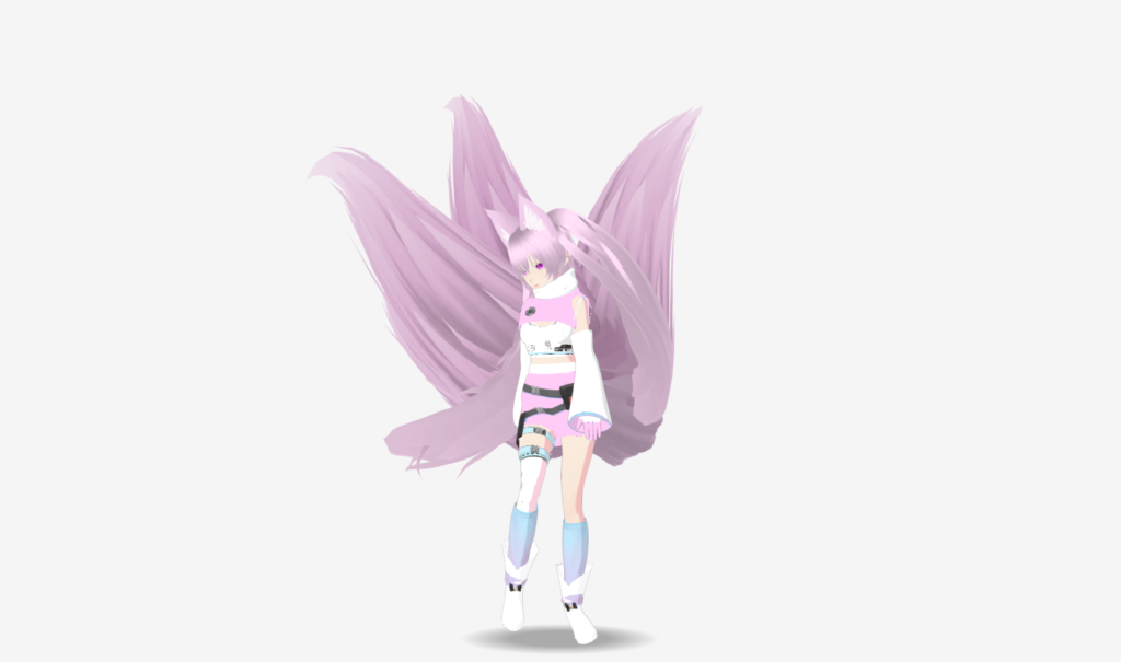 A free CC0 VRM model of an anime-style fox girl character with flowing pink hair, fox ears, large wing-like tails fanned out behind her, and a futuristic pink and white outfit with light blue leg armor, displayed against a plain light background.