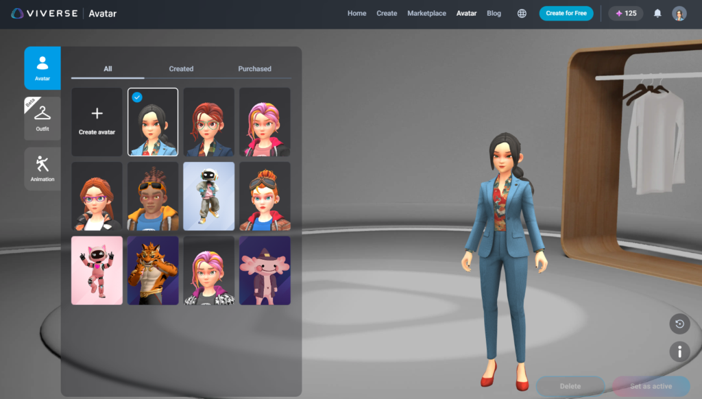The VIVERSE Avatar creator interface showing a grid of diverse 3D avatar options alongside a full-body preview of the selected avatar, a dark-haired woman in a blue blazer and red heels, displayed in a virtual dressing room setting.