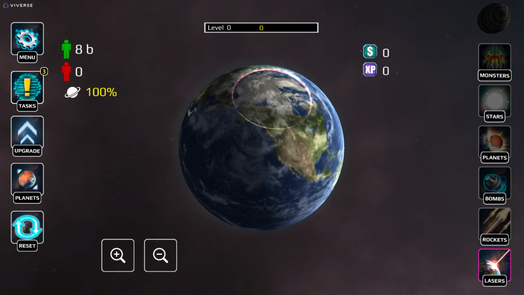 A Planet Smash Destruction starting screen on VIVERSE showing an intact Earth at full planet health with 8 billion population, zero casualties, and the laser weapon selected in the right-hand panel.