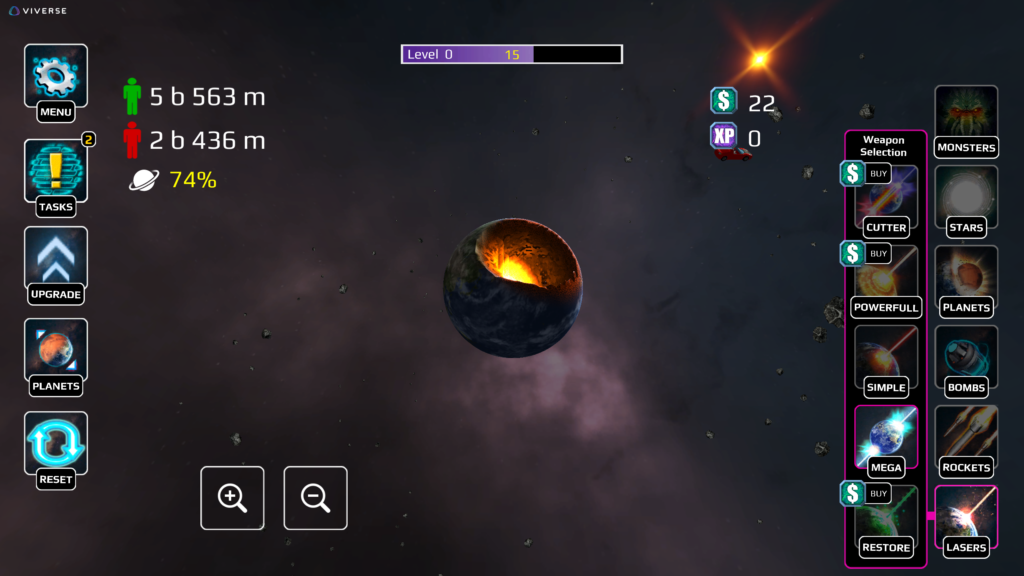 A Planet Smash Destruction gameplay screenshot on VIVERSE showing Earth partially destroyed with a glowing molten core exposed, 2 billion casualties recorded, and the planet at 74% health. A bright star flares in the background and the weapon panel shows laser and mega weapon options.