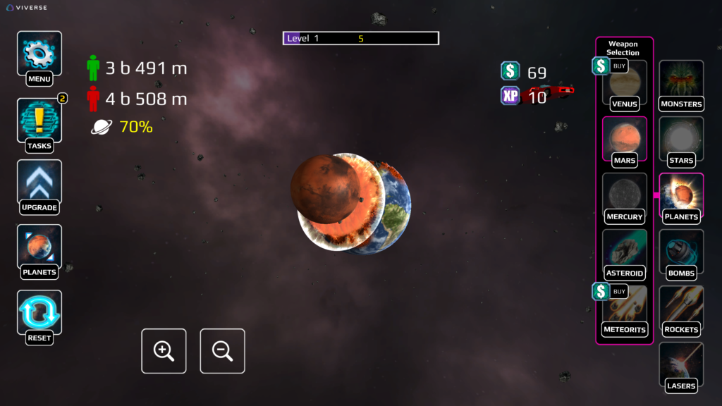 A Planet Smash Destruction gameplay screenshot on VIVERSE showing Mars colliding with Earth in deep space, with population and planet health stats displayed on the left and a weapon selection panel on the right including options for Venus, Mars, asteroids, bombs, and rockets.