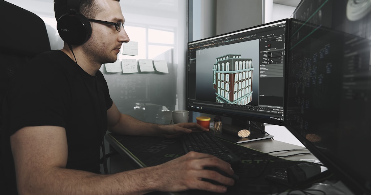 A developer with headphones works at a wide monitor displaying a 3D building model in a game engine editor.