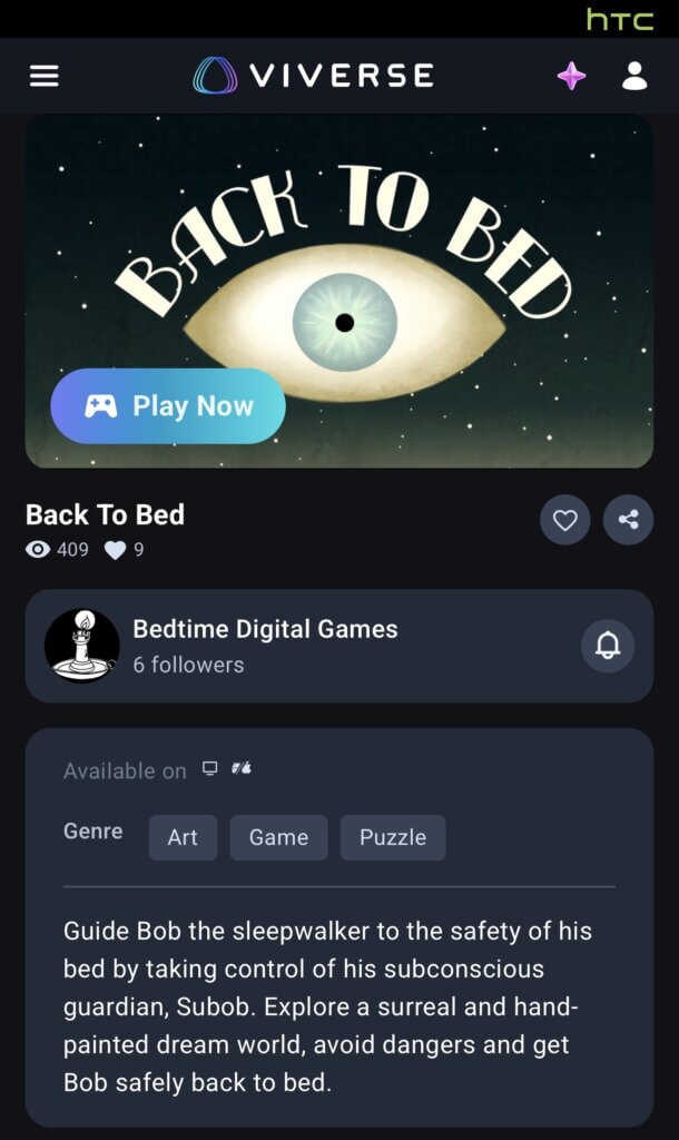 Play Now button now appears over content you can interact with. Game thumbnail shows Back to Bed.