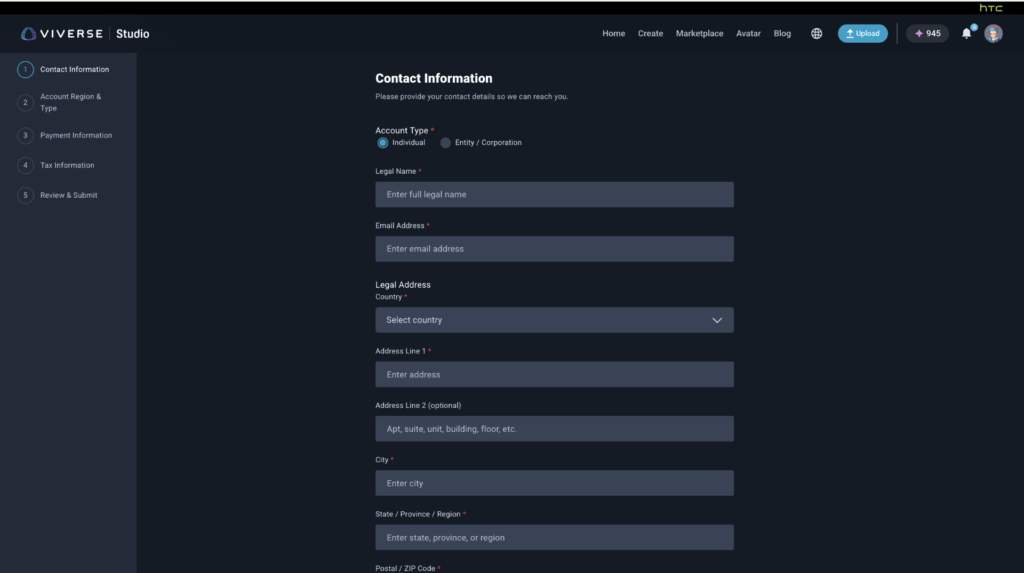 A step-by-step flow in Studio walks you through setting up your payment and tax details.