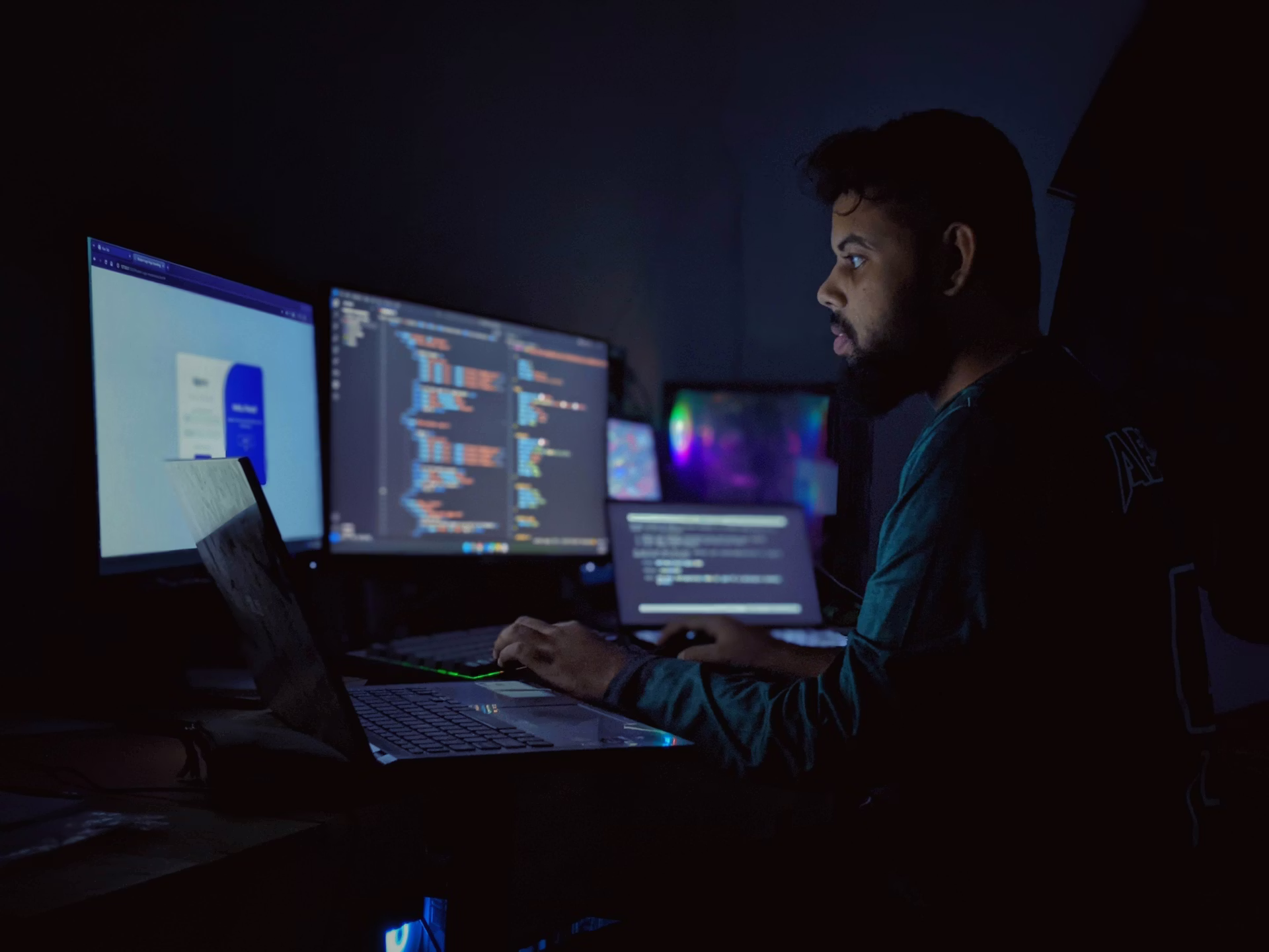 A developer at a three-monitor coding rig representing the long iteration cycles common in Steam Early Access development