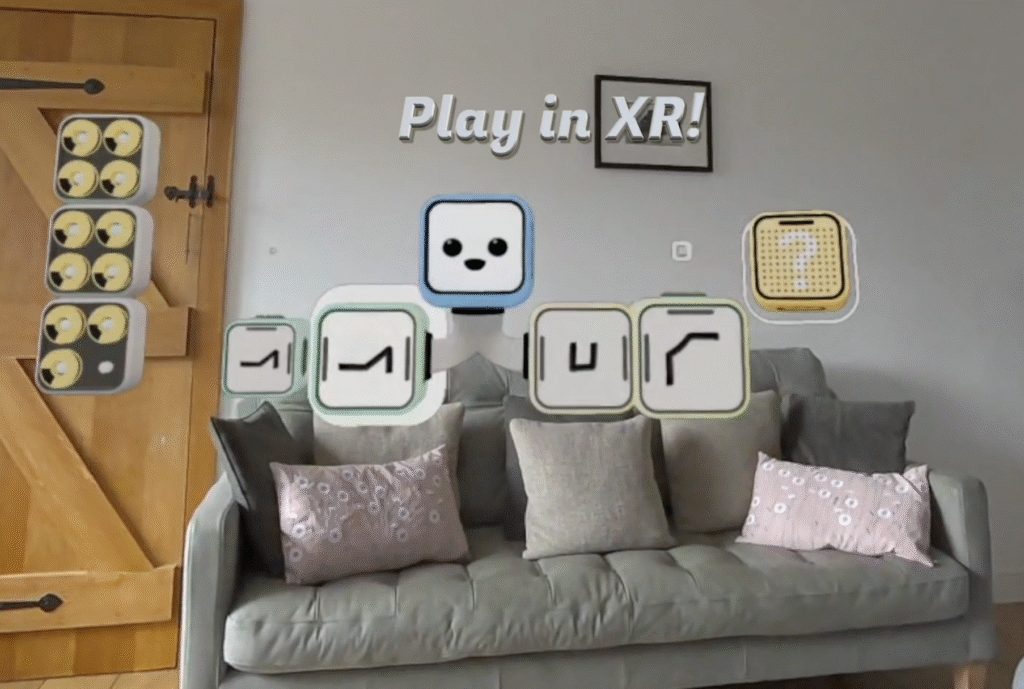 Pezzi puzzle blocks floating in a living room in XR passthrough on VIVERSE